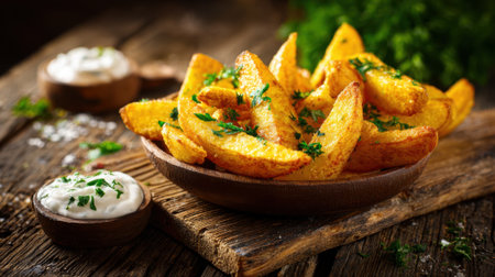 Golden potato wedges are arranged neatly in a wooden bowl, garnished with fresh herbs. Two small bowls of creamy dipping sauce sit beside them on a rustic wooden surface.の素材
