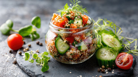 A colorful quinoa salad is served in a glass jar, featuring fresh tomatoes, cucumbers, and herbs. This healthy dish is perfect for a light lunch or snack.の素材