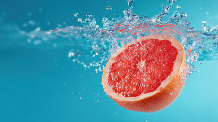 A fresh grapefruit slice plunges into clear water, causing a splash that creates dynamic bubbles and ripples.の素材