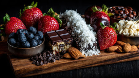 A wooden platter features vibrant strawberries and blueberries, paired with chocolate squares, shredded coconut, and almonds. Perfect for a cozy evening with friends.の素材