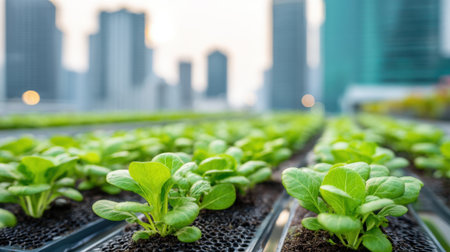 Vibrant green lettuce plants thrive in rows on a rooftop garden, set against the backdrop of tall city buildings during golden hour. This urban farming scene blends nature with the city.の素材