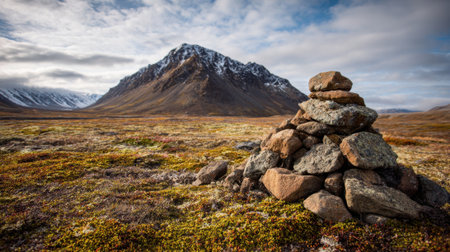 A small rock pile is visible in the foreground, showing natural stone arrangements. Behind it is a towering mountain with snow-capped peaks, surrounded by colorful terrain during daylight.の素材