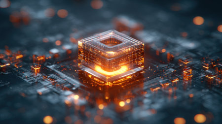 A vibrant digital landscape showcases a glowing cube surrounded by intricate circuits. The scene reflects advanced technology, warmth, and innovation, creating an engaging visual narrative.の素材