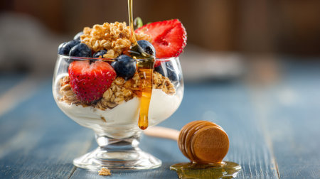 A yogurt parfait layered with granola, fresh strawberries, and blueberries is drizzled with honey. This colorful dish is perfect for breakfast or a healthy snack.の素材
