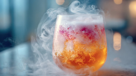 A vibrant cocktail is served in a stylish glass, featuring colorful smoke and fizzy bubbles. The setting is a modern bar with soft lighting, creating a lively atmosphere in the evening.の素材