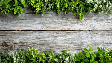 Fresh green herbs are beautifully arranged along the edges of a weathered wooden table, illuminated by soft natural light. This setting is ideal for cooking or garnishing dishes.の素材