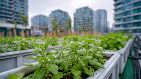 Fresh herbs grow in planters on a rooftop garden amidst tall buildings, providing a green oasis in the urban landscape on a cloudy day.の素材