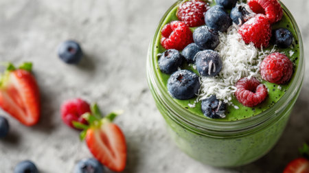 A vibrant green smoothie with a mix of spinach and fruits is adorned with strawberries, blueberries, and raspberries, plus a sprinkle of coconut flakes. Perfect for a healthy breakfast.の素材