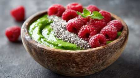 Bright green smoothie bowl topped with fresh raspberries and chia seeds sits in a wooden bowl on a textured surface. The vibrant colors and healthy ingredients create an inviting look.の素材