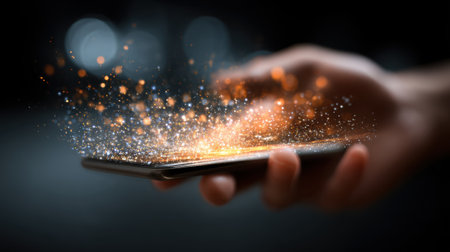 A hand reaches out to a smartphone, creating sparkling effects that illuminate the dark surroundings. The scene captures a blend of technology and creativity in action.の素材