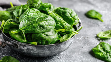 Freshly picked spinach leaves sit in a rustic metal bowl, showing their vibrant green color and crisp texture, ideal for salads or cooking. The kitchen's bright ambiance enhances the freshness.の素材