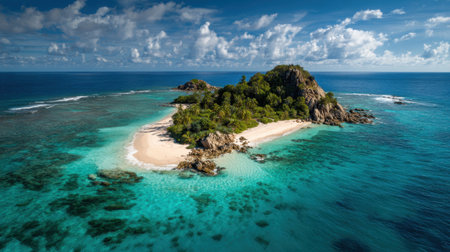 This tropical island showcases vibrant turquoise waters, white sandy beaches, and lush greenery. Perfect for sunbathing or adventure, it promises a tranquil escape in nature's beauty.の素材