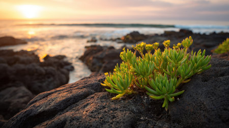 Vibrant green succulent plants grow on dark volcanic rocks as the sun sets, creating a stunning scene along the coastline with ocean waves in the background.の素材