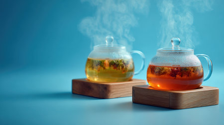 Two glass teapots filled with hot tea sit on wooden coasters. One teapot has clear herbal tea, while the other displays a rich amber beverage. Steam wafts gently above.の素材