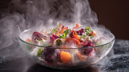 A vibrant bowl filled with fresh ingredients and herbs creates a stunning visual. Mist rises from the dish, adding an intriguing detail to a culinary experience.の素材
