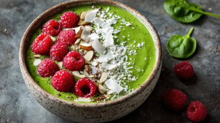 A vibrant green smoothie bowl features fresh raspberries, shredded coconut, and nuts. It is served in a rustic bowl on a textured surface, showing a nutritious breakfast option.の素材
