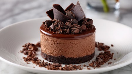 Enjoy a close-up view of a rich chocolate mousse cake adorned with dark chocolate shavings and curls. The cake sits on a white plate, highlighting its delicious layers and textures.の素材