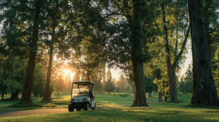 A golf cart rests on a lush green course as the sun sets behind tall trees, casting a golden warm light across the landscape. The scene is peaceful and inviting, perfect for golf.の素材