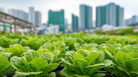 Lettuce is thriving in a rooftop urban farm, showing green rows of plants against tall buildings in the background. The scene captures the blend of nature and city life.の素材