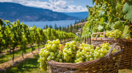 Baskets filled with ripe green grapes sit on a hillside in a vineyard. The beautiful lake and mountains create a stunning backdrop under a clear sky.の素材