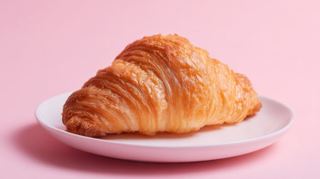 A golden, flaky croissant rests on a simple white plate. The soft pink background highlights the buttery layers and texture of the pastry, inviting enjoyment.の素材