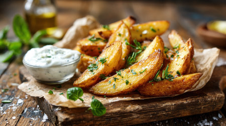 Golden, crispy potato wedges are arranged attractively on a wooden board, accompanied by a small bowl of creamy dip. Fresh herbs and seasonings add color and flavor in a warm kitchen atmosphere.の素材