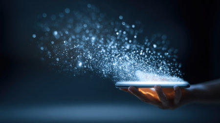 A hand holds a modern device that releases shimmering particles into the air, creating an enchanting visual effect in a dimly lit environment. The scene merges technology with creativity.の素材