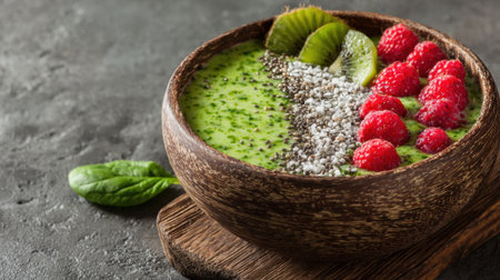 Brightly colored green smoothie bowl filled with spinach and topped with kiwi slices, raspberries, chia seeds, and coconut flakes sits on a rustic wooden board.の素材