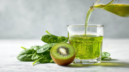 A bright green smoothie made with kiwi and spinach is being poured into a clear glass. Half a kiwi and fresh spinach leaves are placed nearby, creating a healthy and vibrant scene.の素材