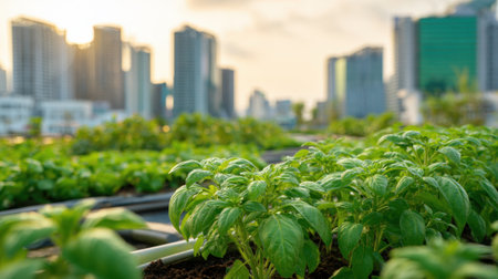 Rooftop garden features lush basil plants growing against a backdrop of tall city buildings. The scene captures the beauty of urban agriculture at sunset.の素材