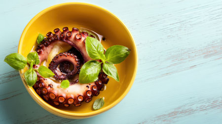 A beautifully presented grilled octopus sits in a cheerful yellow bowl, garnished with fresh basil leaves. The dish is placed on a light blue wooden table, creating a vibrant contrast.の素材