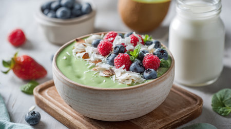A vibrant smoothie bowl filled with green goodness is adorned with blueberries, raspberries, coconut flakes, and fresh mint. Ideal for a healthy breakfast at home.の素材