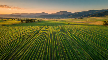 Golden sunlight bathes lush green fields in a valley, with neatly arranged rows of crops stretching towards distant mountains. The peaceful scene captures the beauty of nature at dusk.の素材