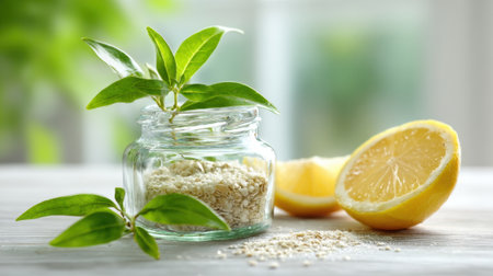 Fresh green leaves and lemon halves are placed beside a jar filled with herbal powder on a wooden table. Natural light highlights the vibrant colors, creating a bright, inviting scene.の素材