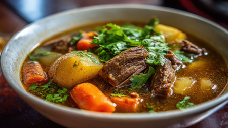 A delicious beef stew is simmering in a bowl, filled with tender meat, potatoes, carrots, and fresh herbs on a wooden table, highlighting a cozy dining atmosphere.の素材