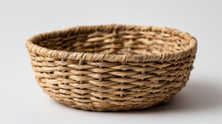 A round woven basket made from natural fibers sits on a plain white background.の素材