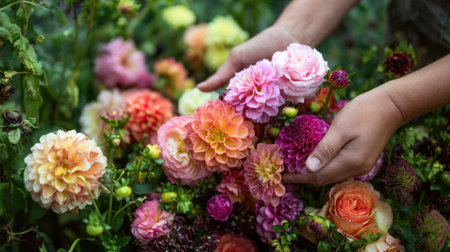 Hands carefully arrange colorful dahlias and roses, showcasing a vibrant selection of flowers in a lush garden during a warm, sunny afternoon.の素材