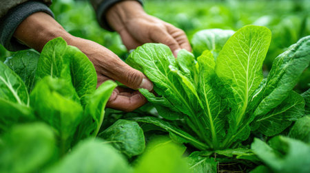 A skilled farmer carefully picks vibrant romaine lettuce from a rich green field under the bright sunlight. The scene captures the essence of agricultural work.の素材