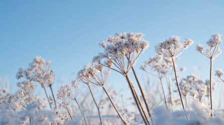 Frosty wildflowers stretch upwards, blanketed in snow, creating a tranquil scene under a clear blue sky during a cold winter day. Nature displays its quiet beauty in this landscape.の素材