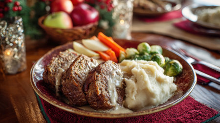 A hearty meal features slices of meatloaf topped with gravy, served alongside creamy mashed potatoes, carrots, and Brussels sprouts, all set on a cozy dining table decorated for the season.の素材