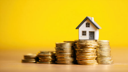 A small house model is placed on top of a stack of coins, reflecting financial investment in real estate. The bright yellow background adds a sense of optimism and prosperity.の素材
