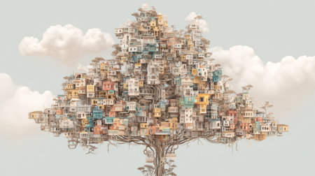 A creative scene shows a large tree filled with colorful houses, highlighting a fusion of nature and urban life.の素材
