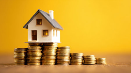 A small model house balances on top of golden coins. The bright yellow background enhances the theme of investment and savings in real estate during a sunny day.の素材