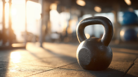 Kettlebell is placed on a gym floor, illuminated by warm sunlight coming through large windows. The scene captures the calm before a busy workout session.の素材