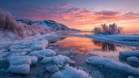A captivating winter sunset illuminates the icy waters and snow-covered shore near a tranquil coastline. The sky transitions from orange to purple as reflections shimmer on the frozen surface.の素材