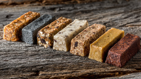 A variety of energy bars is displayed on a textured wooden surface.の素材