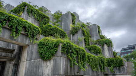 This structure features a modern architectural style with multiple levels, adorned by lush green plants and vines. Its unique design promotes sustainability in the city.の素材