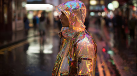 A person stands on a wet street in an urban area at night. They are wearing a shiny reflective jacket, surrounded by colorful lights and blurred figures of passersby in the background.の素材