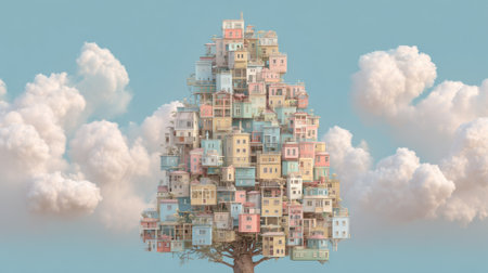 A vibrant tree stands tall, adorned with a variety of colorful houses nestled among its branches. Fluffy clouds drift by in a clear blue sky, creating a surreal landscape that invites imagination.の素材