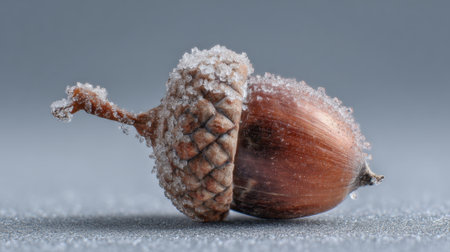 A solitary acorn sits on a smooth gray surface, its cap dusted with sparkling frost. The chilly conditions emphasize the details of this natural object in winter.の素材